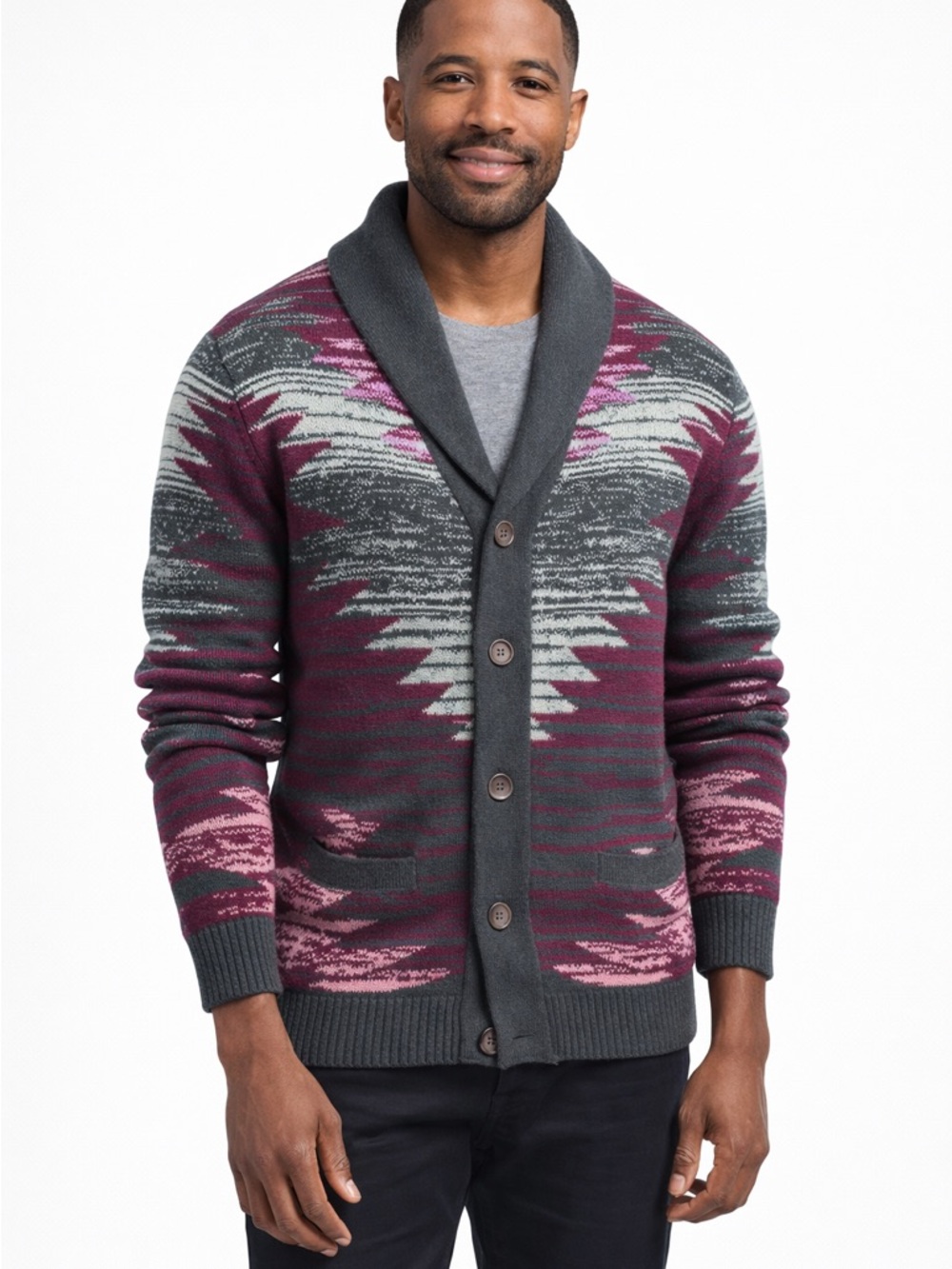 Greyson Teal Cardigan with Pink & Burgundy Aztec Knit